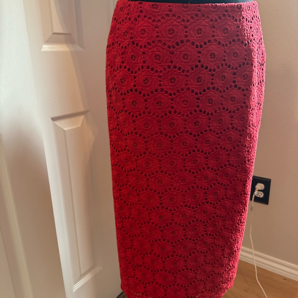 Beautiful elegant lace suit  burnt orange knee length skirt with matching blazer